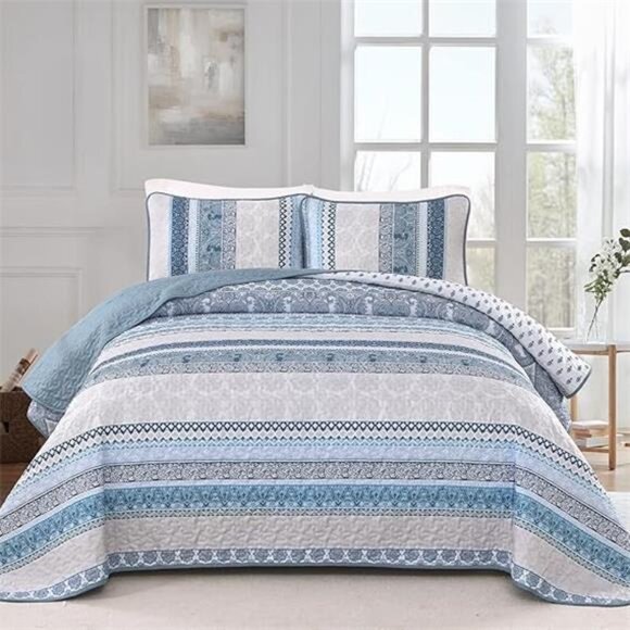 BEDDING Boho Quilt Set Queen Size,Blue Bohemian 3 Pieces Quilt Sets - Picture 7 of 16